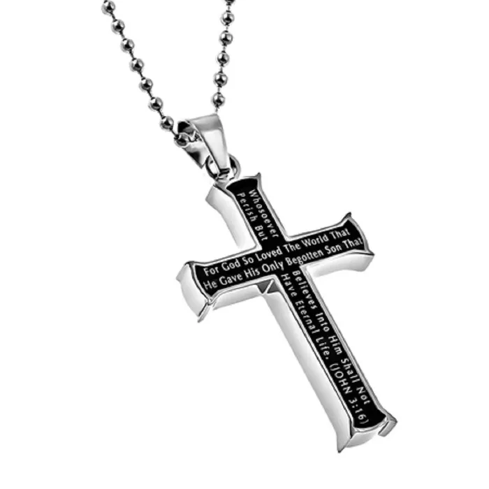 John 316 Black Cross Necklace FOR GOD SO LOVED THE WORLD Bible Verse Stainless Steel Bead Chain North Arrow Shop Necklaces
