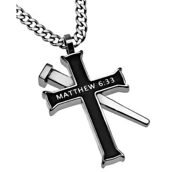 Necklaces MATTHEW 633 Black Cross and Nail Necklace with Bible Verse Stainless Steel Curb Chain North Arrow Shop Necklaces MATTHEW 633 Black Cross and Nail Necklace with Bible Verse Stainless Steel Curb Chain North Arrow Shop