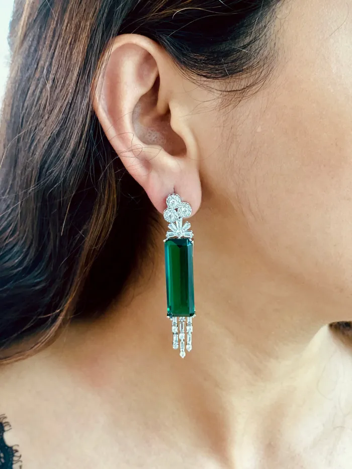 PRERTO ECOMMERCE PRIVATE LIMITED Necklaces Rectangular Emerald with Diamond Setting Statement Necklace Set Earrings Necklace