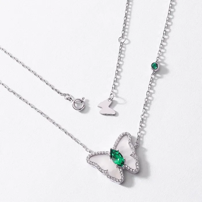 Vintage Butterfly Emerald Necklace Unique White Shell Lab Emerald Pendant Necklace Dainty Pendant Natural necklace Anniversary gift for wife PENFINE Necklaces