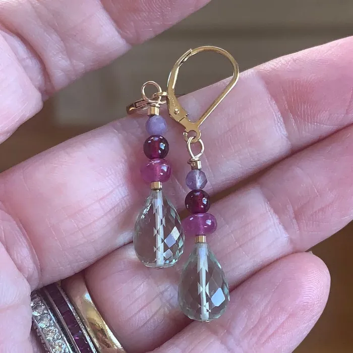 Love Vintage Paris Earrings Prehnite Pink Sapphire Garnet and Fluorite Earrings Gold Filled Handmade
