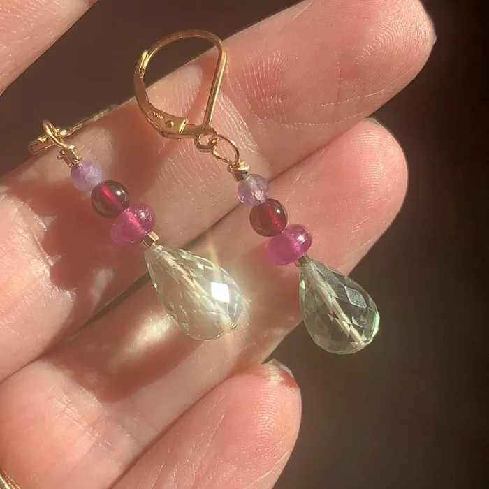 Love Vintage Paris Earrings Prehnite Pink Sapphire Garnet and Fluorite Earrings Gold Filled Handmade