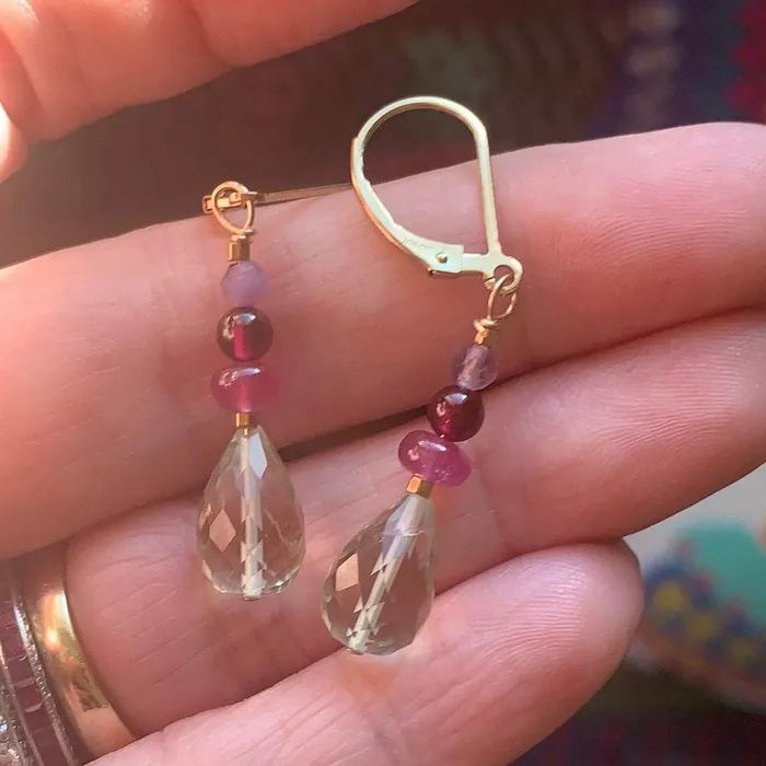 Love Vintage Paris Earrings Prehnite Pink Sapphire Garnet and Fluorite Earrings Gold Filled Handmade