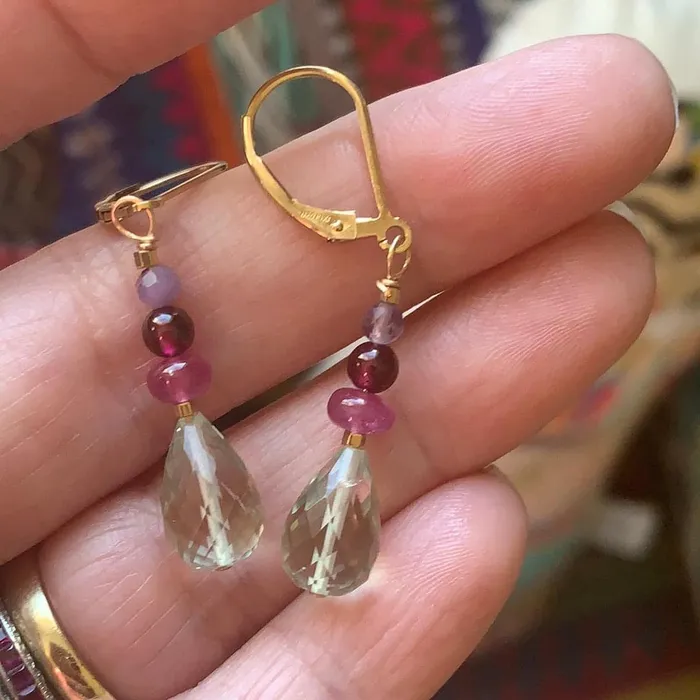 Love Vintage Paris Earrings Prehnite Pink Sapphire Garnet and Fluorite Earrings Gold Filled Handmade