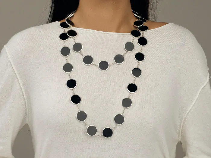 GG SILVER NEW Necklaces GURHAN Rune Sterling Silver Onyx Station Long Necklace 20mm Round Stones Gold Accents GG SILVER NEW Necklaces GURHAN Rune Sterling Silver Onyx Station Long Necklace 20mm Round Stones Gold Accents