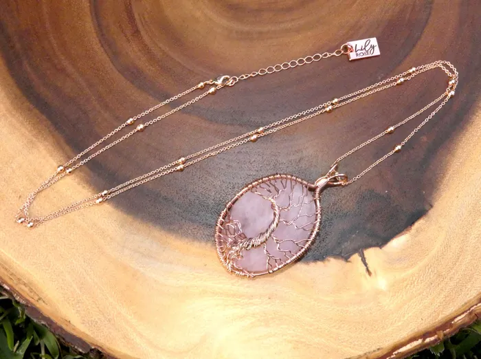 Necklaces Lily Rose Jewelry Tree of Life Oval Rose Quartz Wire Wrapped Large Pendant 30 Rose Gold Necklace