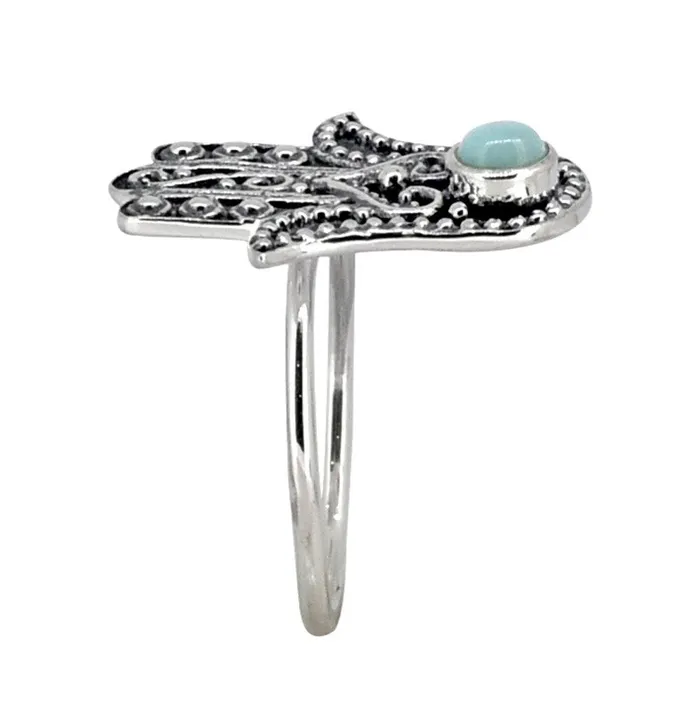 Rings YoTreasure Natural Larimar Solid 925 Sterling Silver Hamsa Hand Ring Jewelry