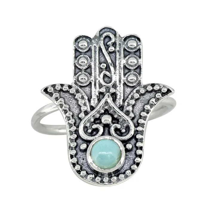 Rings YoTreasure Natural Larimar Solid 925 Sterling Silver Hamsa Hand Ring Jewelry