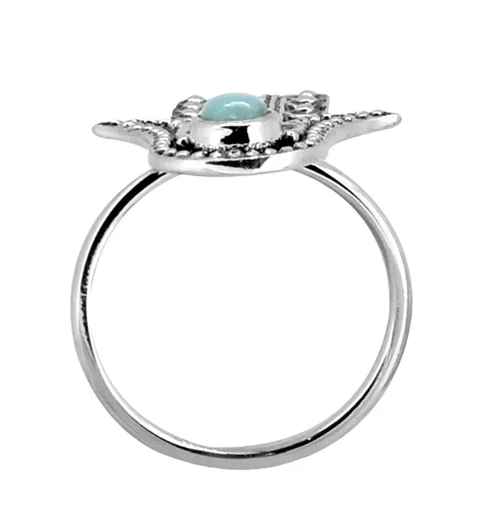 Rings YoTreasure Natural Larimar Solid 925 Sterling Silver Hamsa Hand Ring Jewelry