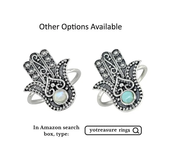 Rings YoTreasure Natural Larimar Solid 925 Sterling Silver Hamsa Hand Ring Jewelry